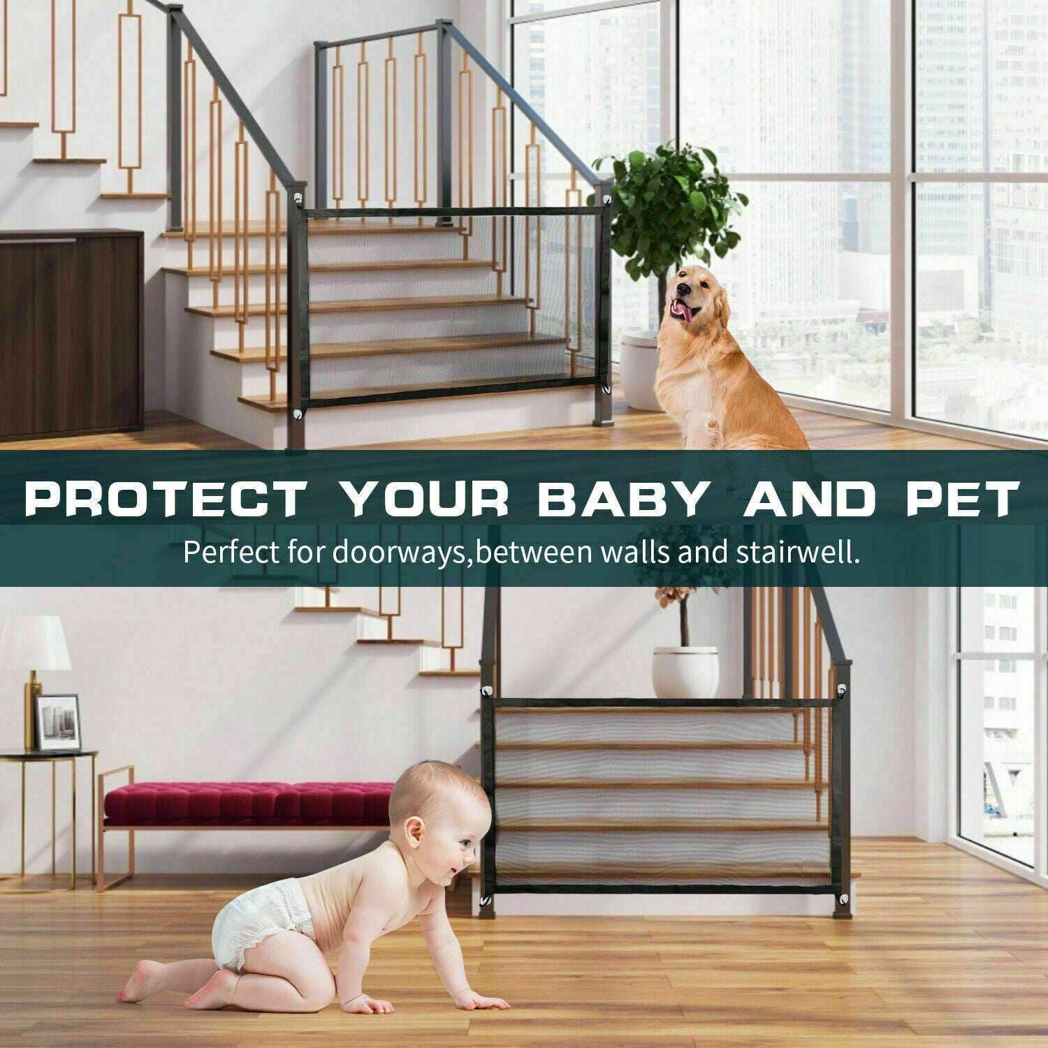 Magic Pet Safety Gate - Portable Mesh Fence for Dogs, Cats & Babies