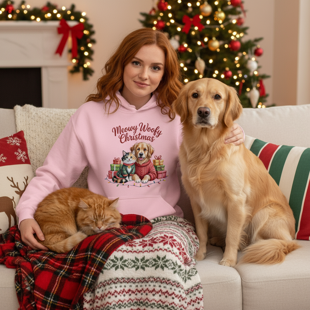 Meowy Woofy Christmas Hoodie - Cat & Dog Holiday Sweatshirt