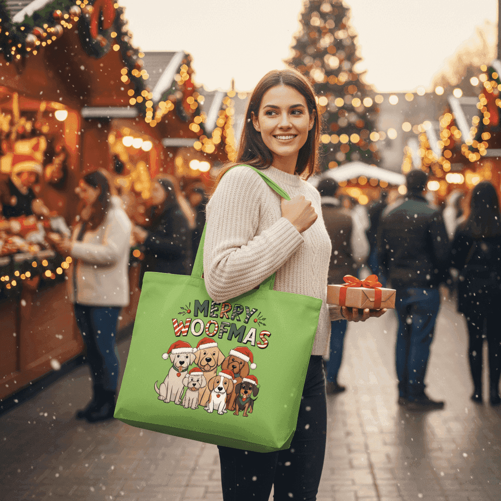 Merry Woofmas Holiday Tote with Festive Dogs - Canvas Gift Bag