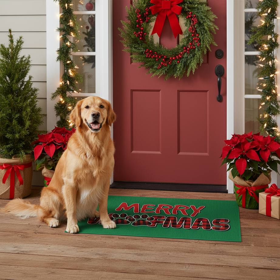 Merry Woofmas Rug - Holiday Doormat with Paw Prints