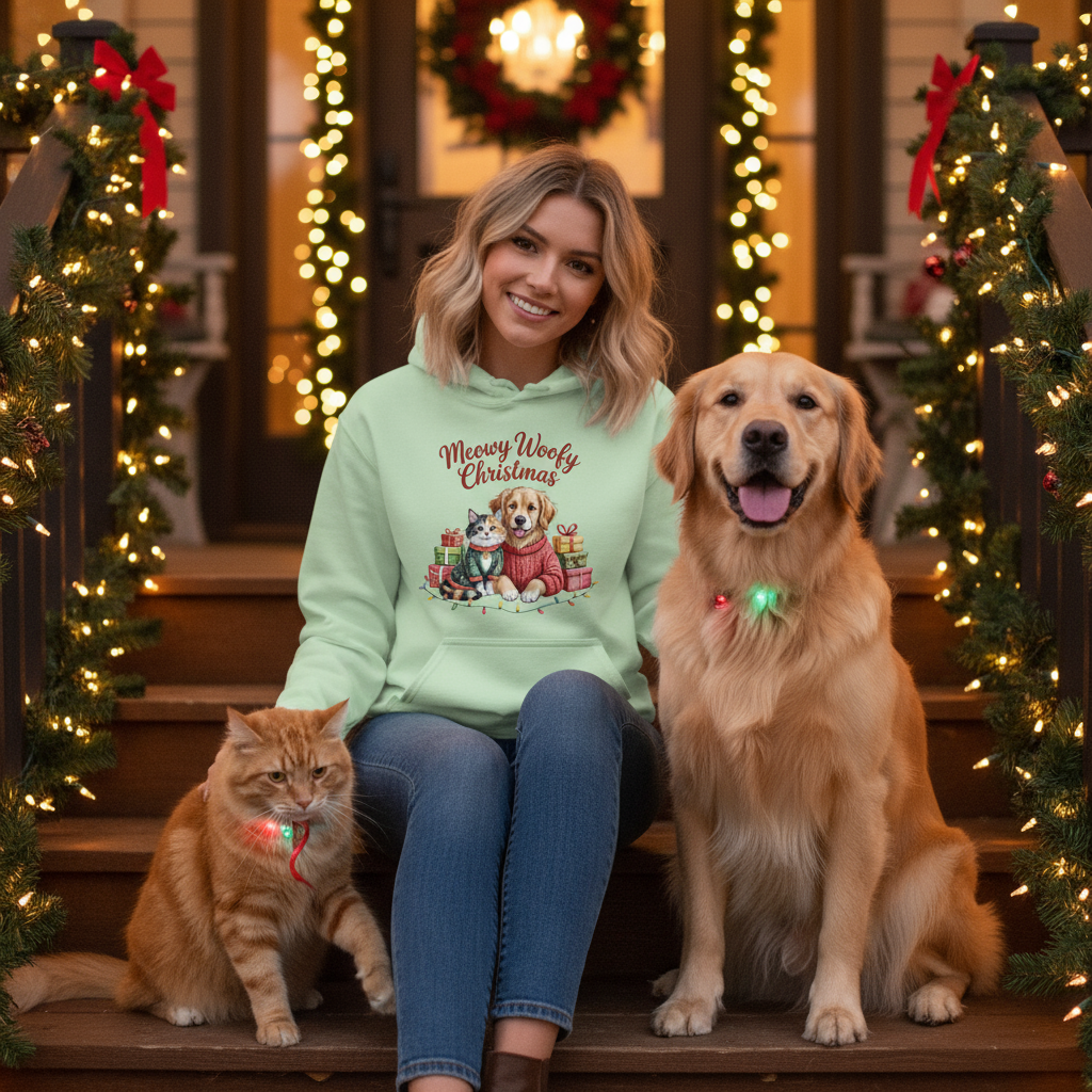 Meowy Woofy Christmas Hoodie - Cat & Dog Holiday Sweatshirt