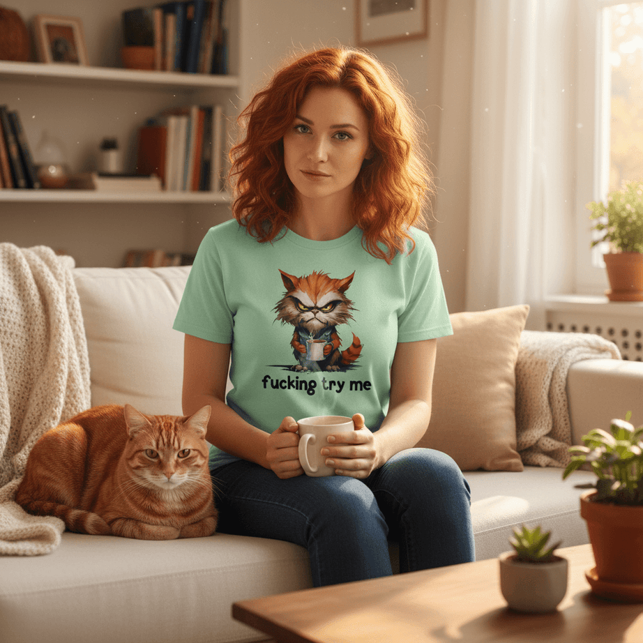 Try Me Cat Coffee Tee - Funny Sarcastic T-Shirt