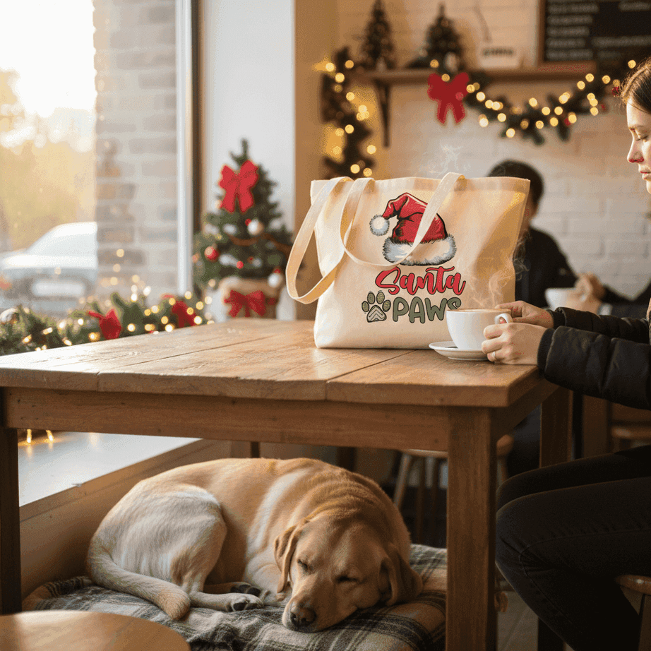 Santa Paws Holiday Tote with Santa Hat for Dog Lovers