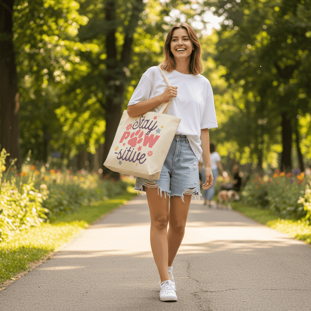 Stay Pawsitive Tote Bag with Paw Prints for Pet Lovers