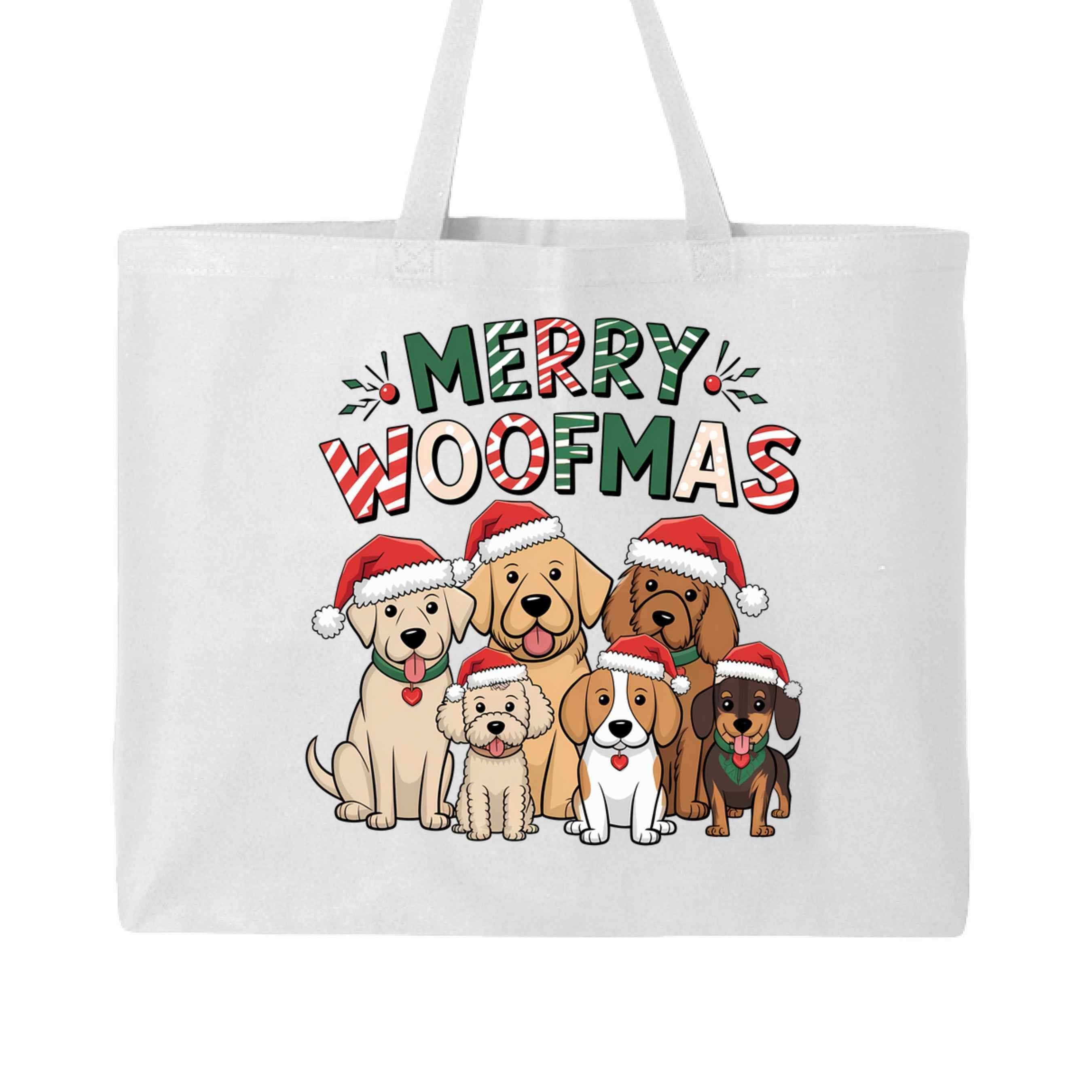 Merry Woofmas Holiday Tote with Festive Dogs - Canvas Gift Bag