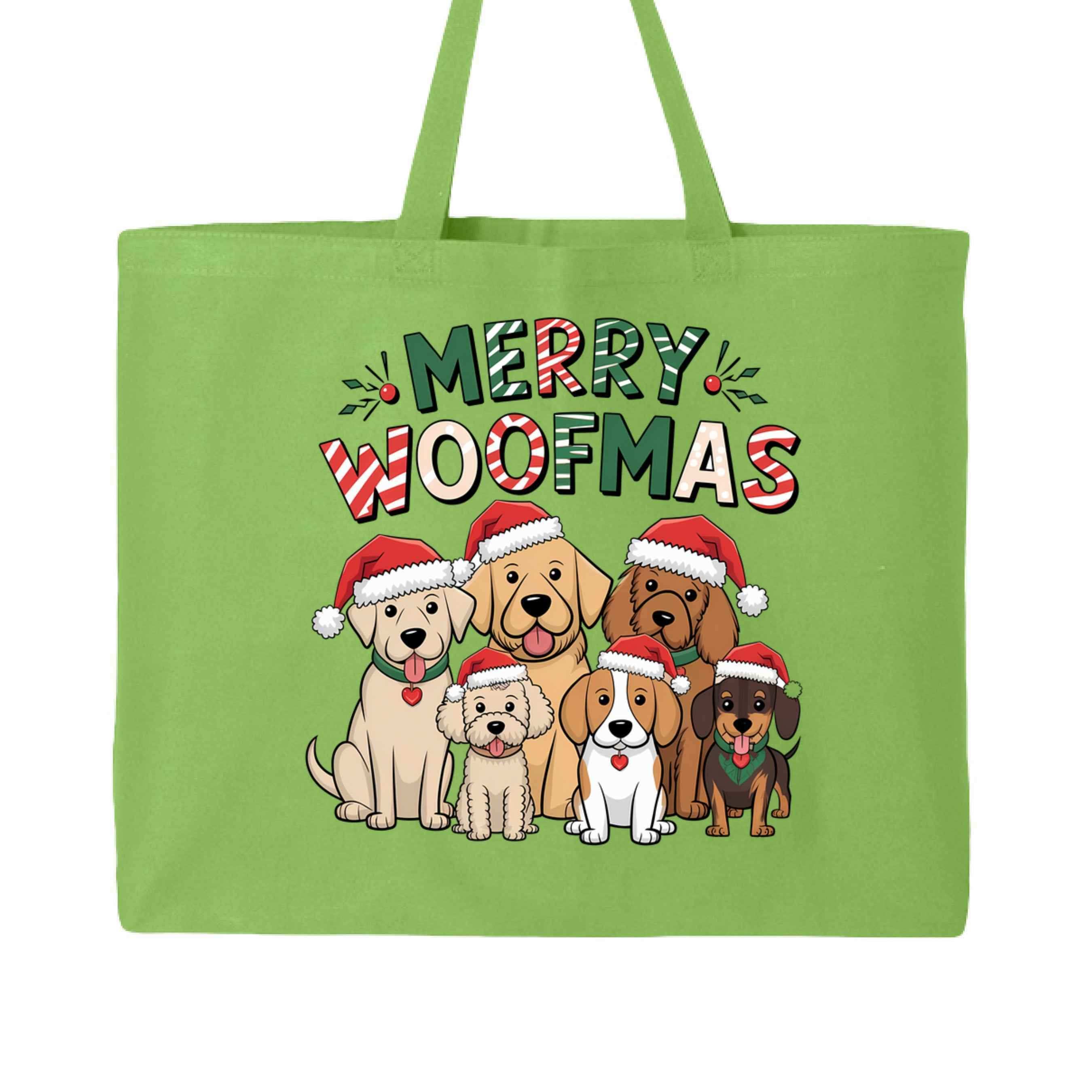Merry Woofmas Holiday Tote with Festive Dogs - Canvas Gift Bag