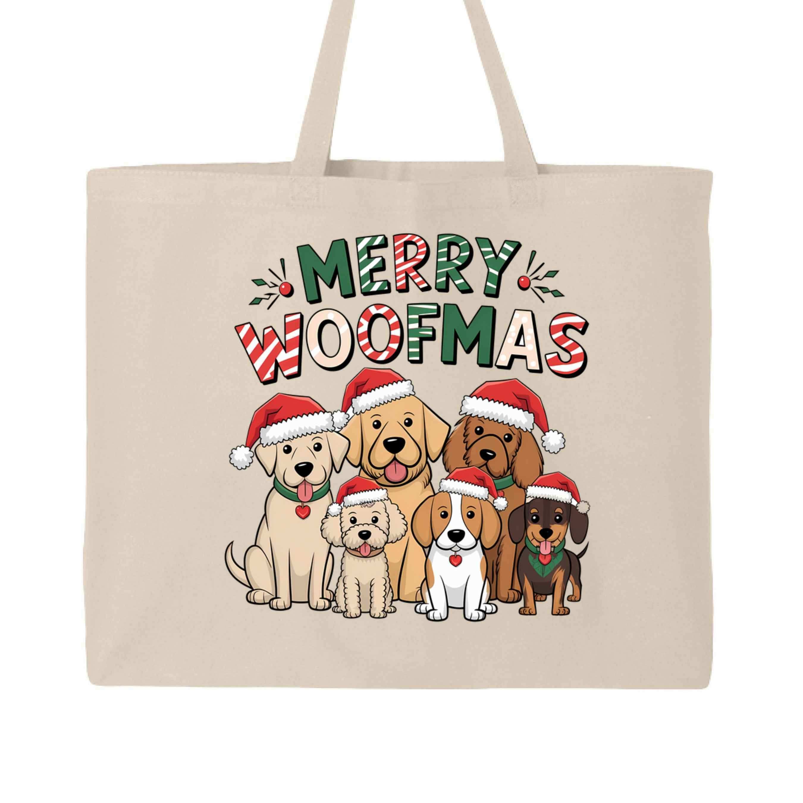 Merry Woofmas Holiday Tote with Festive Dogs - Canvas Gift Bag
