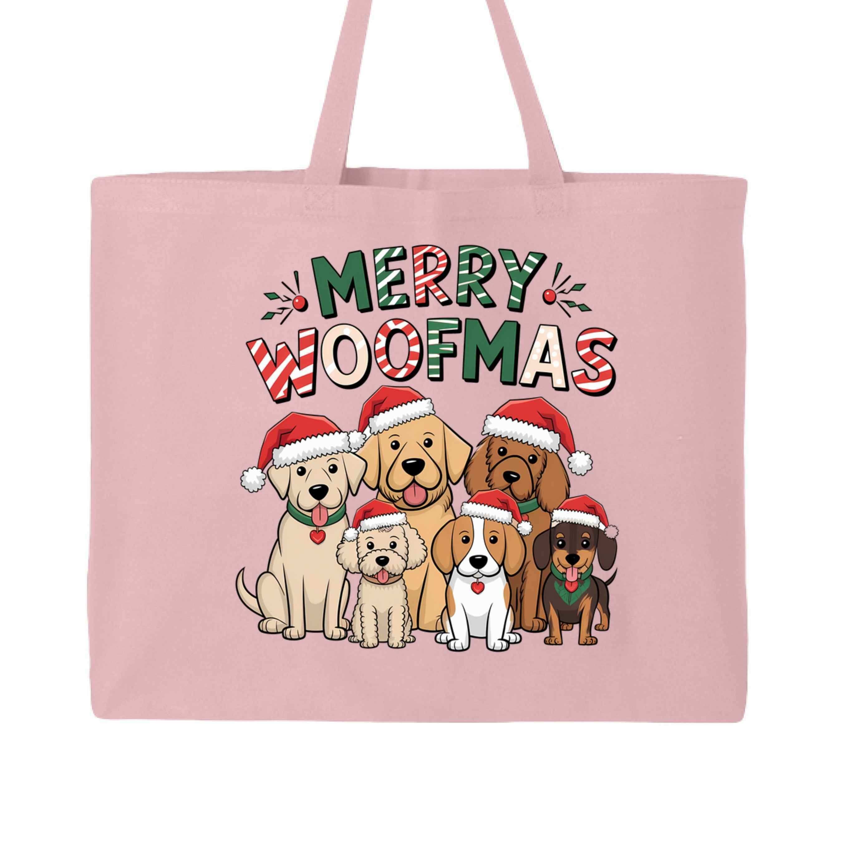 Merry Woofmas Holiday Tote with Festive Dogs - Canvas Gift Bag