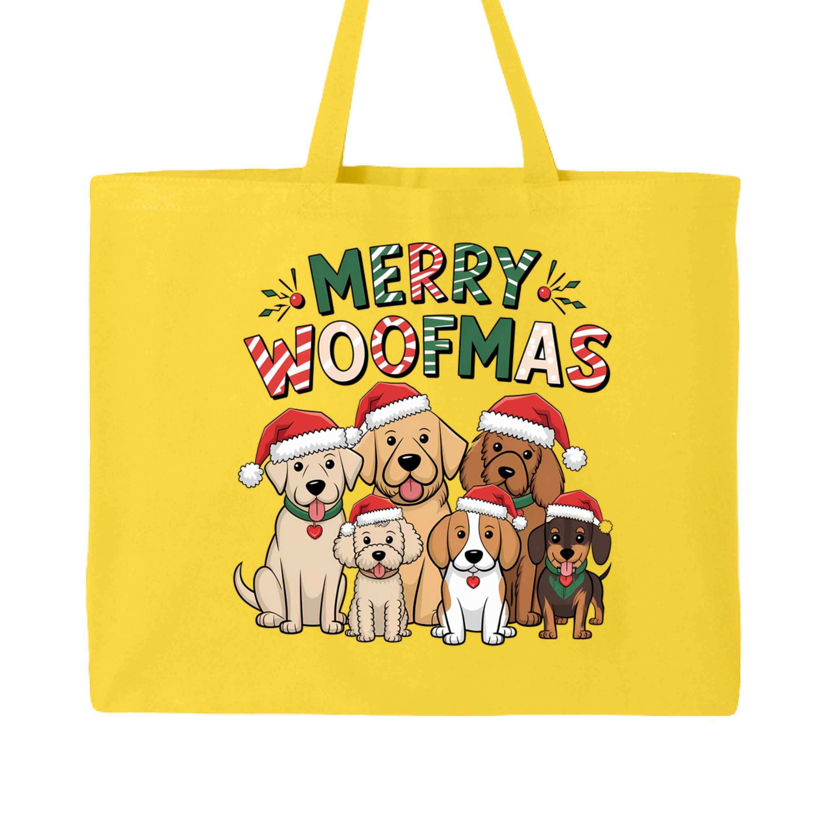 Merry Woofmas Holiday Tote with Festive Dogs - Canvas Gift Bag