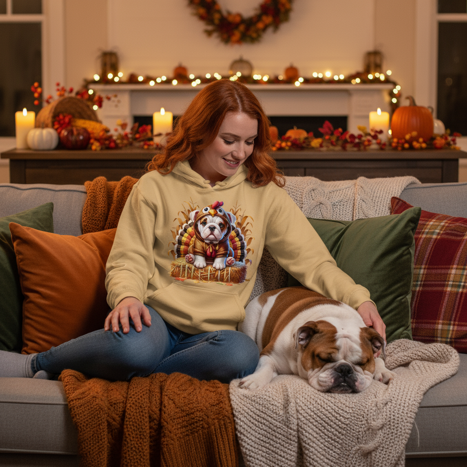Bulldog Thanksgiving Hoodie - Puppy Turkey Hat Sweatshirt