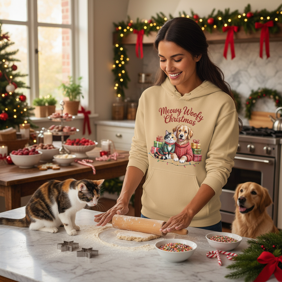 Meowy Woofy Christmas Hoodie - Cat & Dog Holiday Sweatshirt