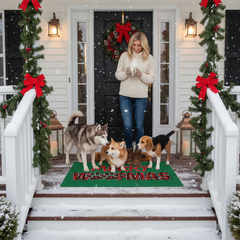 Merry Woofmas Rug - Holiday Doormat with Paw Prints