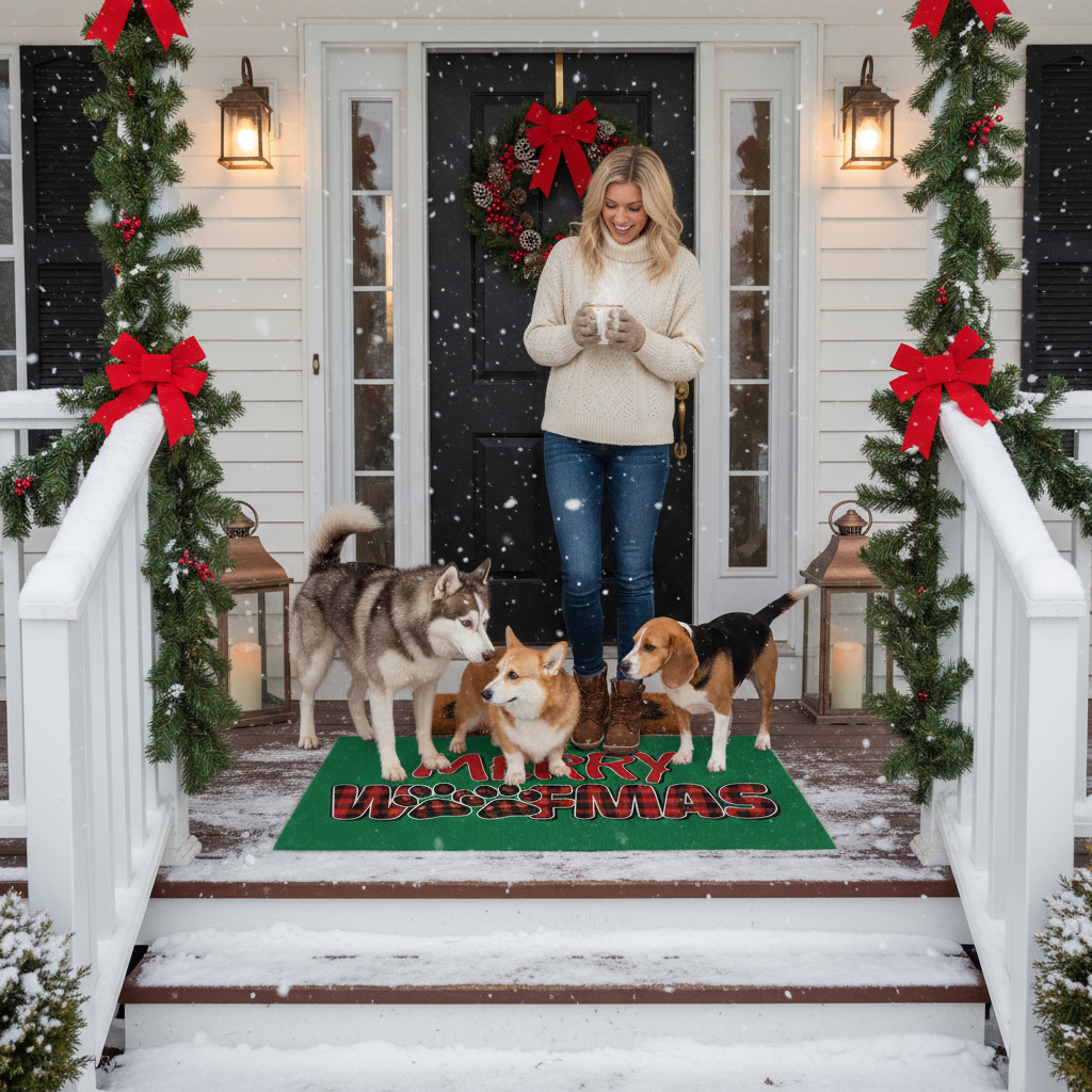 Merry Woofmas Rug - Holiday Doormat with Paw Prints