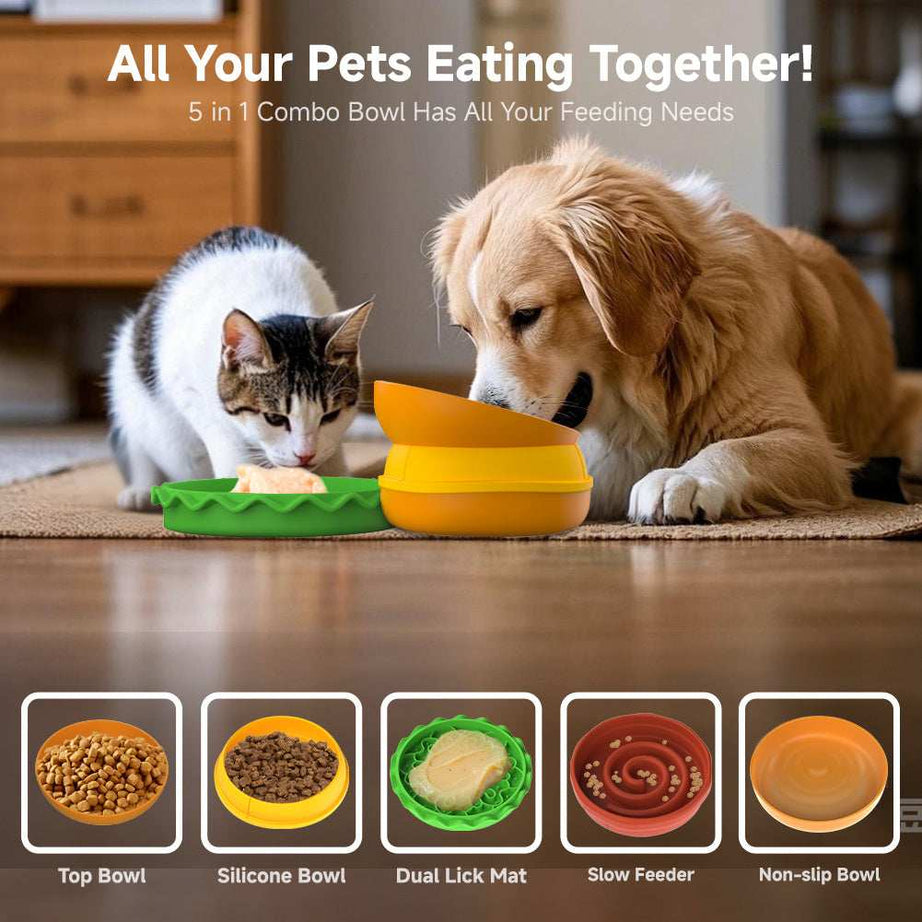 Hamburger Pet Bowl Set - 5-in-1 Slow Feeder with Lick Mat