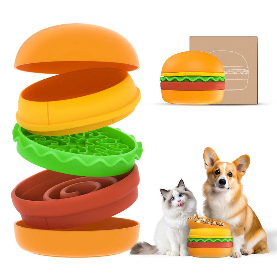 Hamburger Pet Bowl Set - 5-in-1 Slow Feeder with Lick Mat