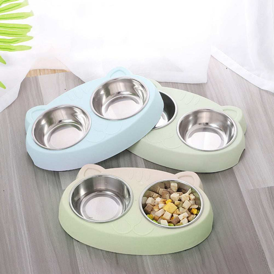 Pet Feeder Stainless Steel Bowls With Non-Slip Cute Resin Station