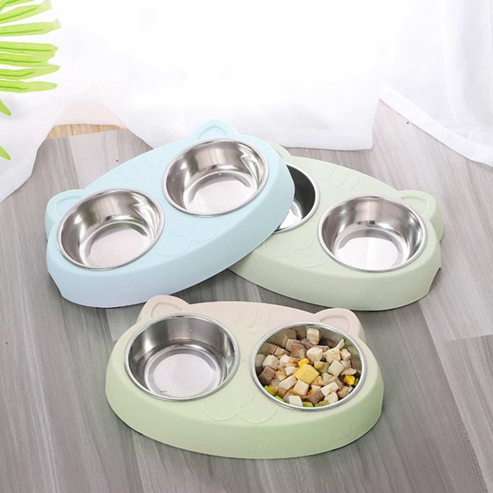 Pet Feeder Stainless Steel Bowls With Non-Slip Cute Resin Station