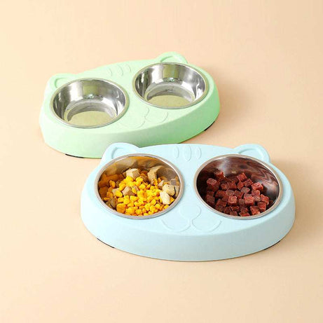 Pet Feeder Stainless Steel Bowls With Non-Slip Cute Resin Station