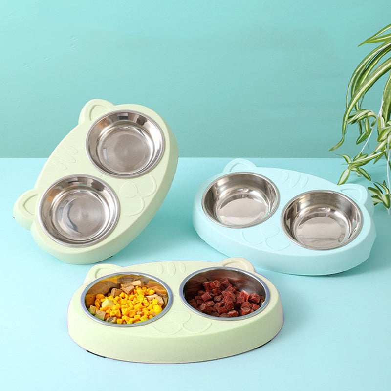 Pet Feeder Stainless Steel Bowls With Non-Slip Cute Resin Station