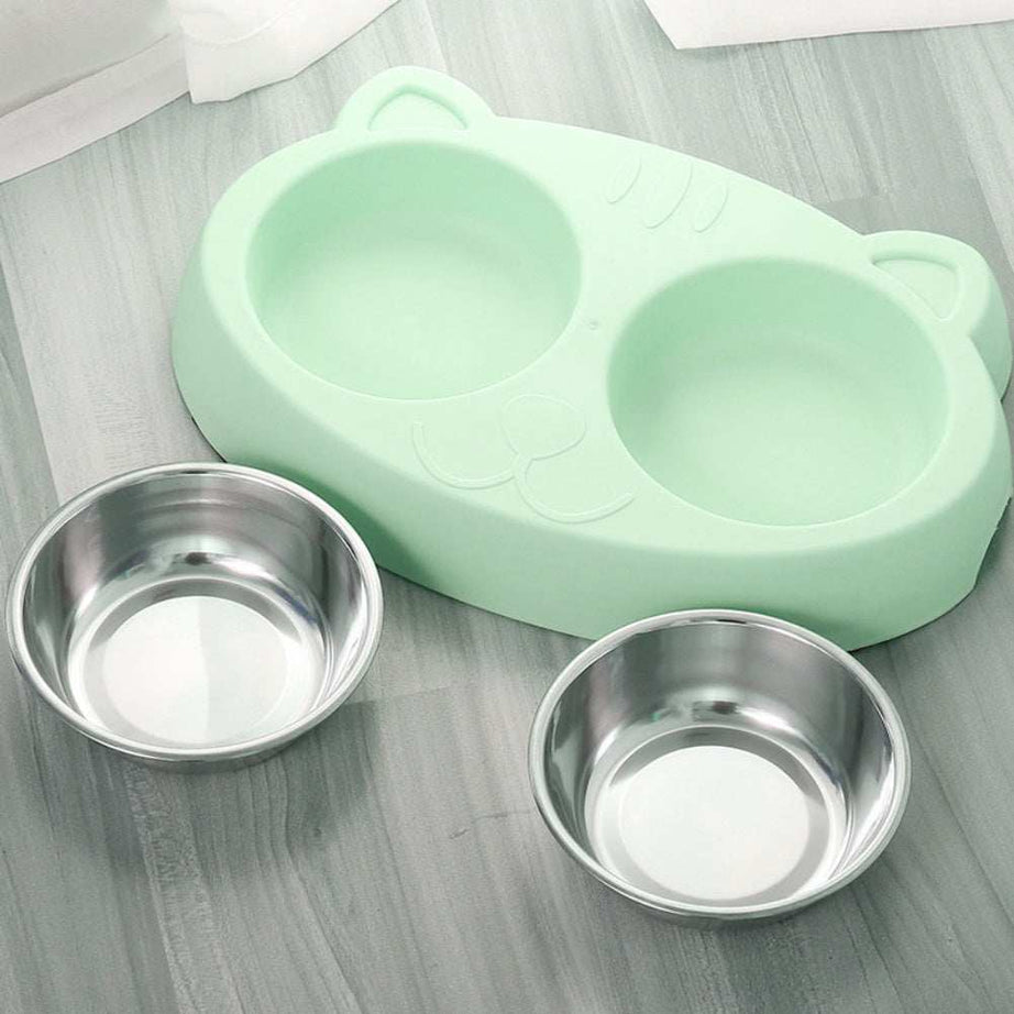 Pet Feeder Stainless Steel Bowls With Non-Slip Cute Resin Station