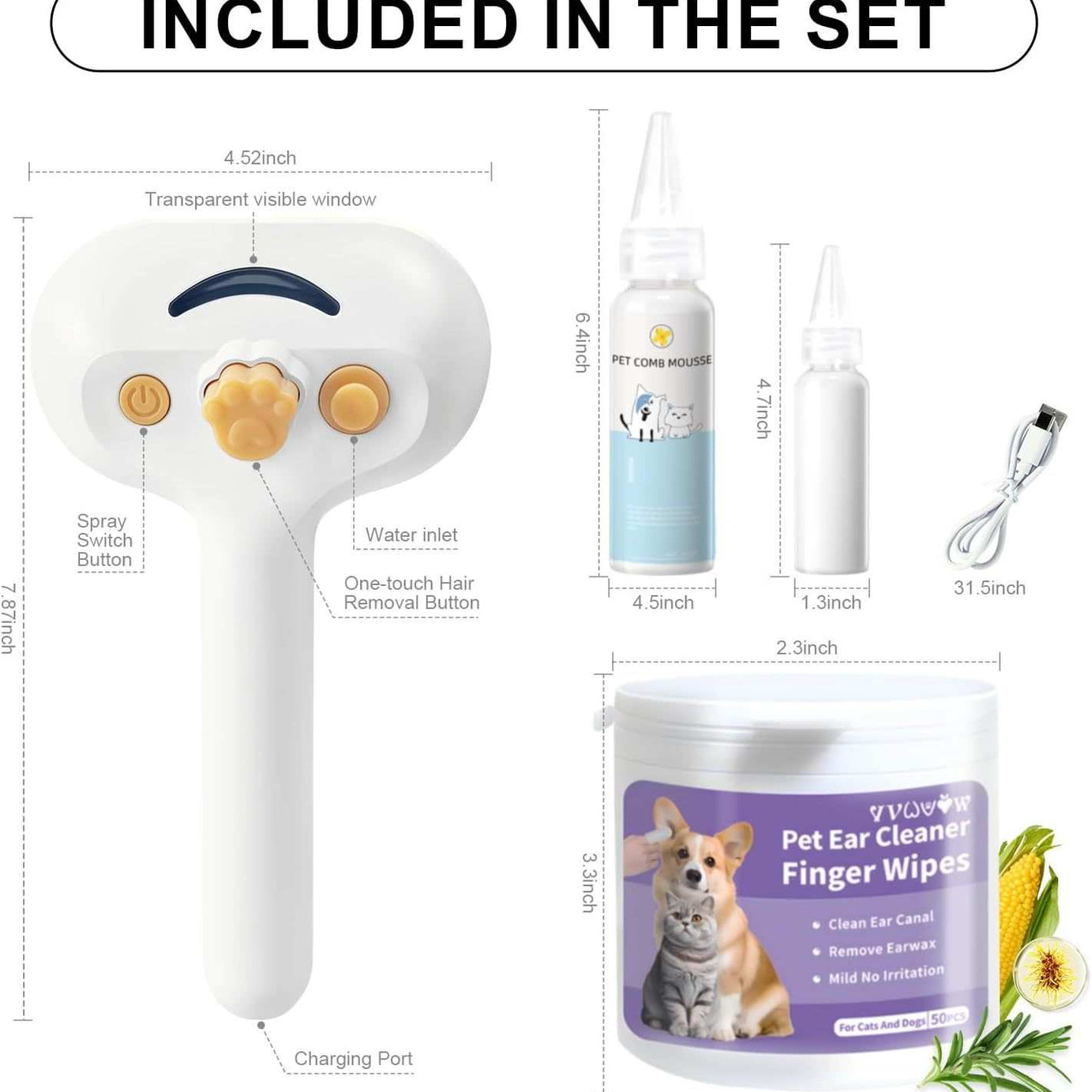 Pet Grooming Comb with Mousse and USB Charger
