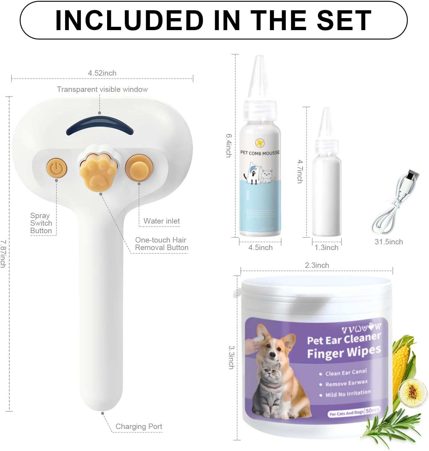 Pet Grooming Comb with Mousse and USB Charger