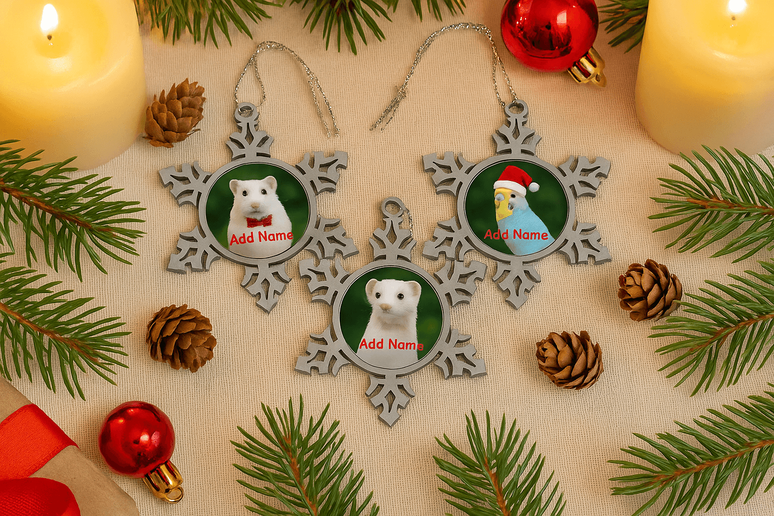 Personalized Pewter Snowflake Pet Ornament - Custom Christmas Decor