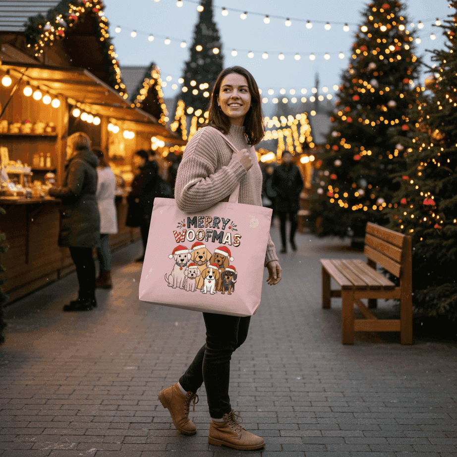 Merry Woofmas Holiday Tote with Festive Dogs - Canvas Gift Bag