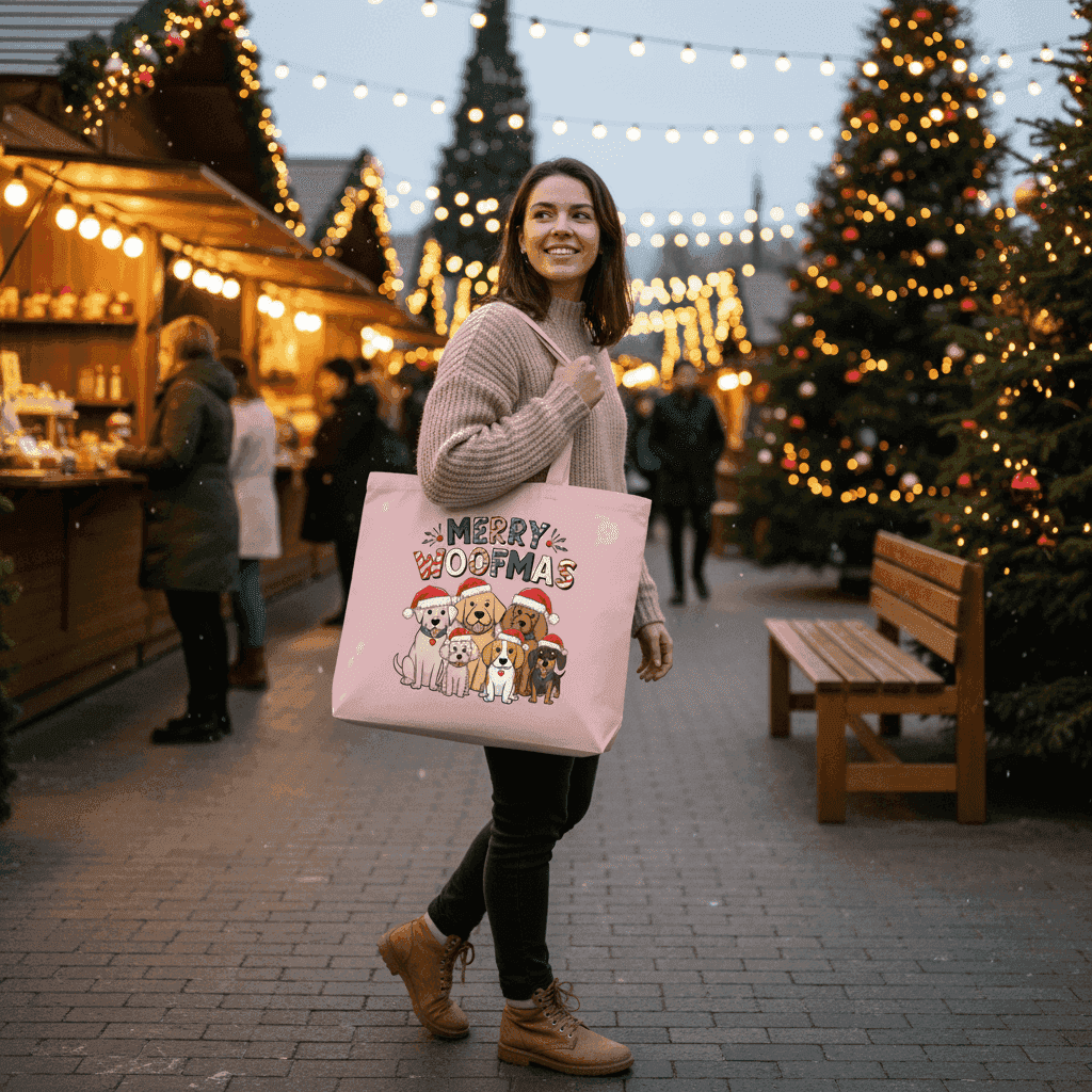 Merry Woofmas Holiday Tote with Festive Dogs - Canvas Gift Bag