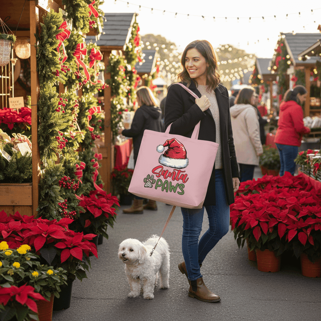 Santa Paws Holiday Tote with Santa Hat for Dog Lovers