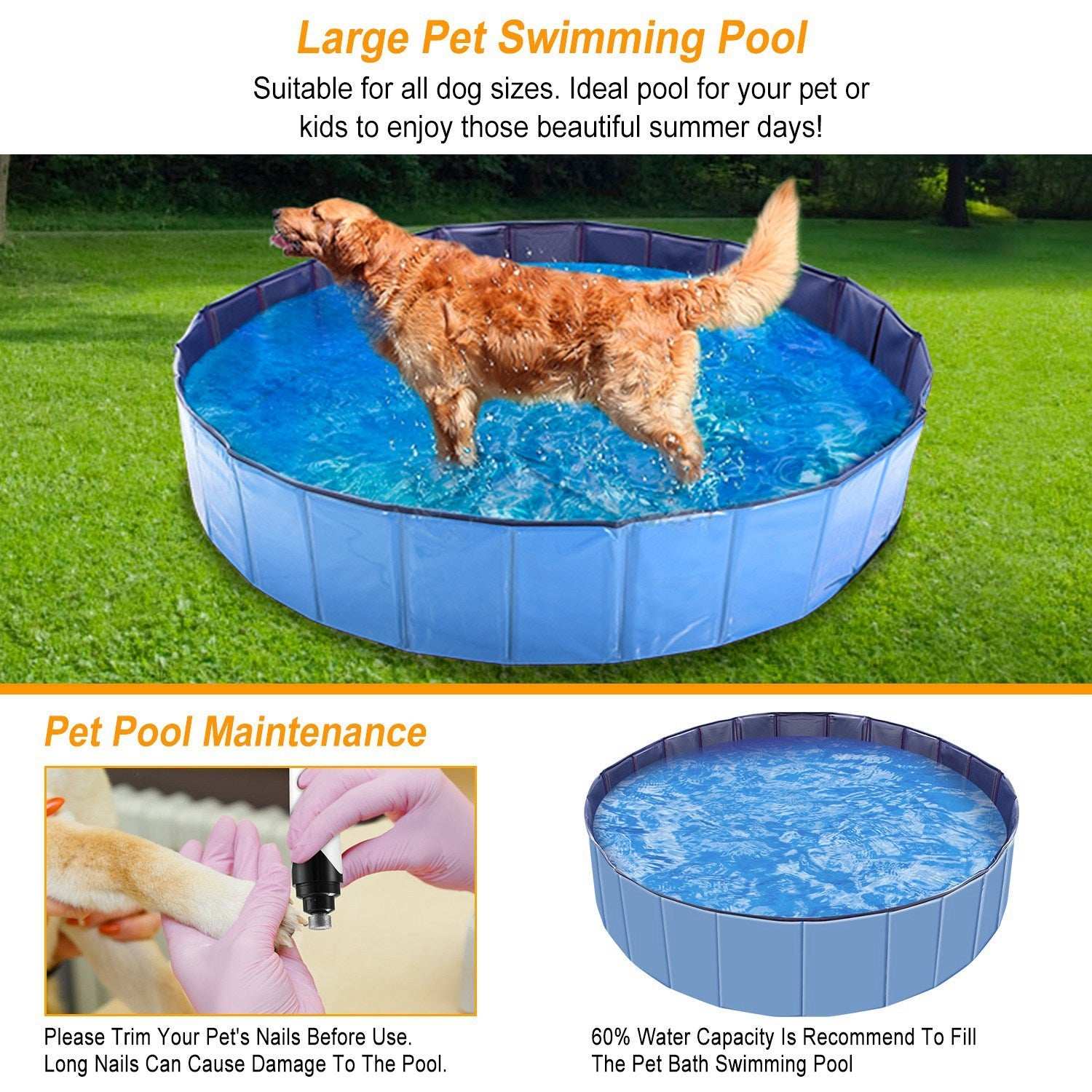 Large Round 63-inch Portable Foldable Dog Pool