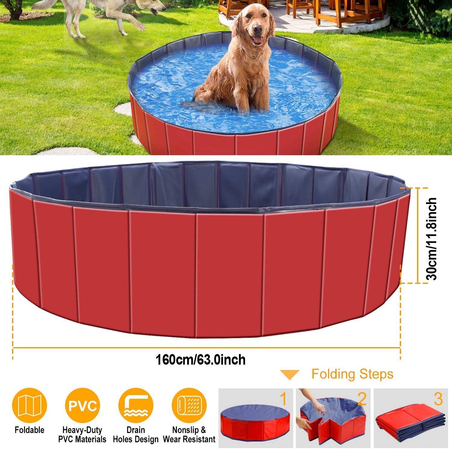 Large Round 63-inch Portable Foldable Dog Pool