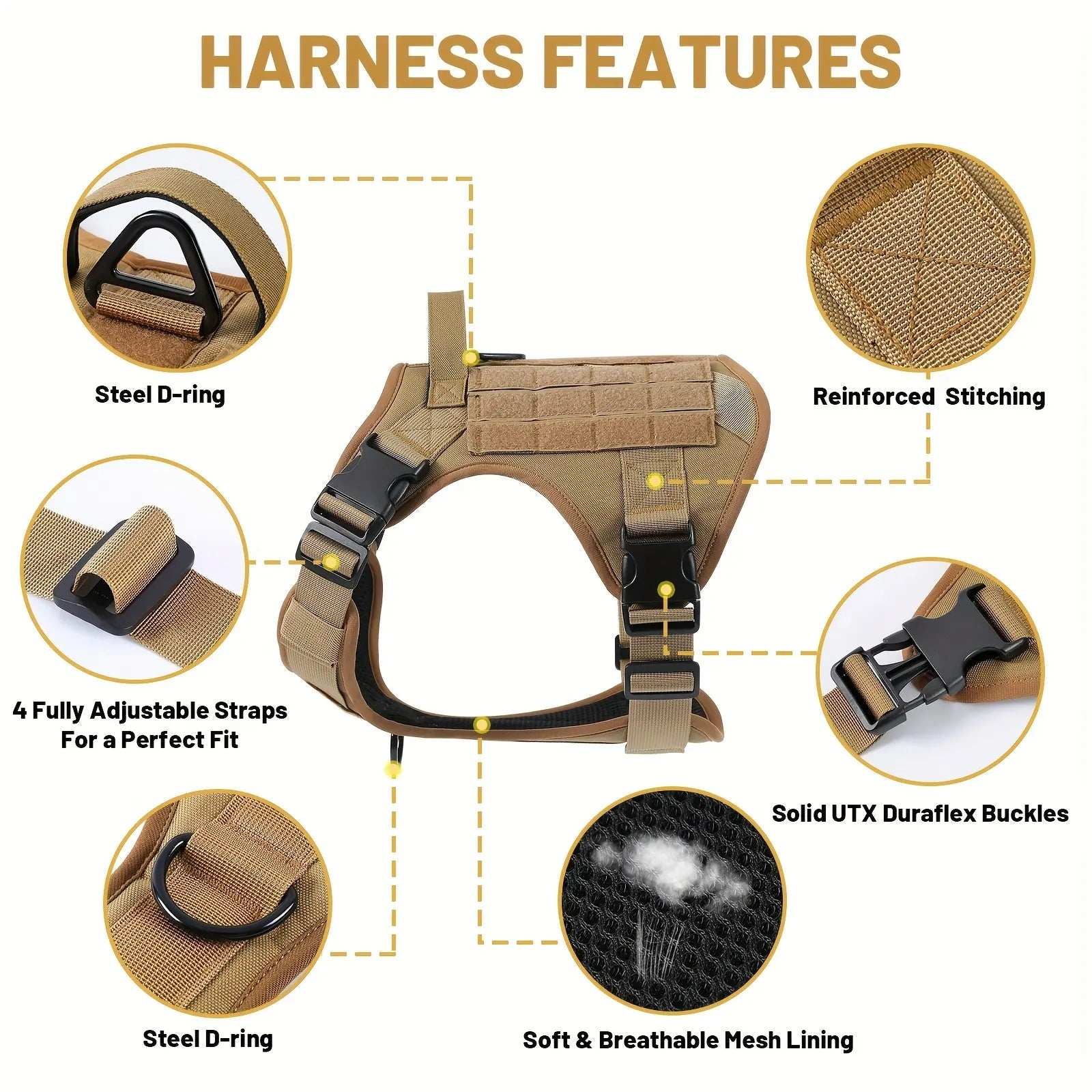 Adjustable Reflective Service Dog Vest Harness with Metal Buckles