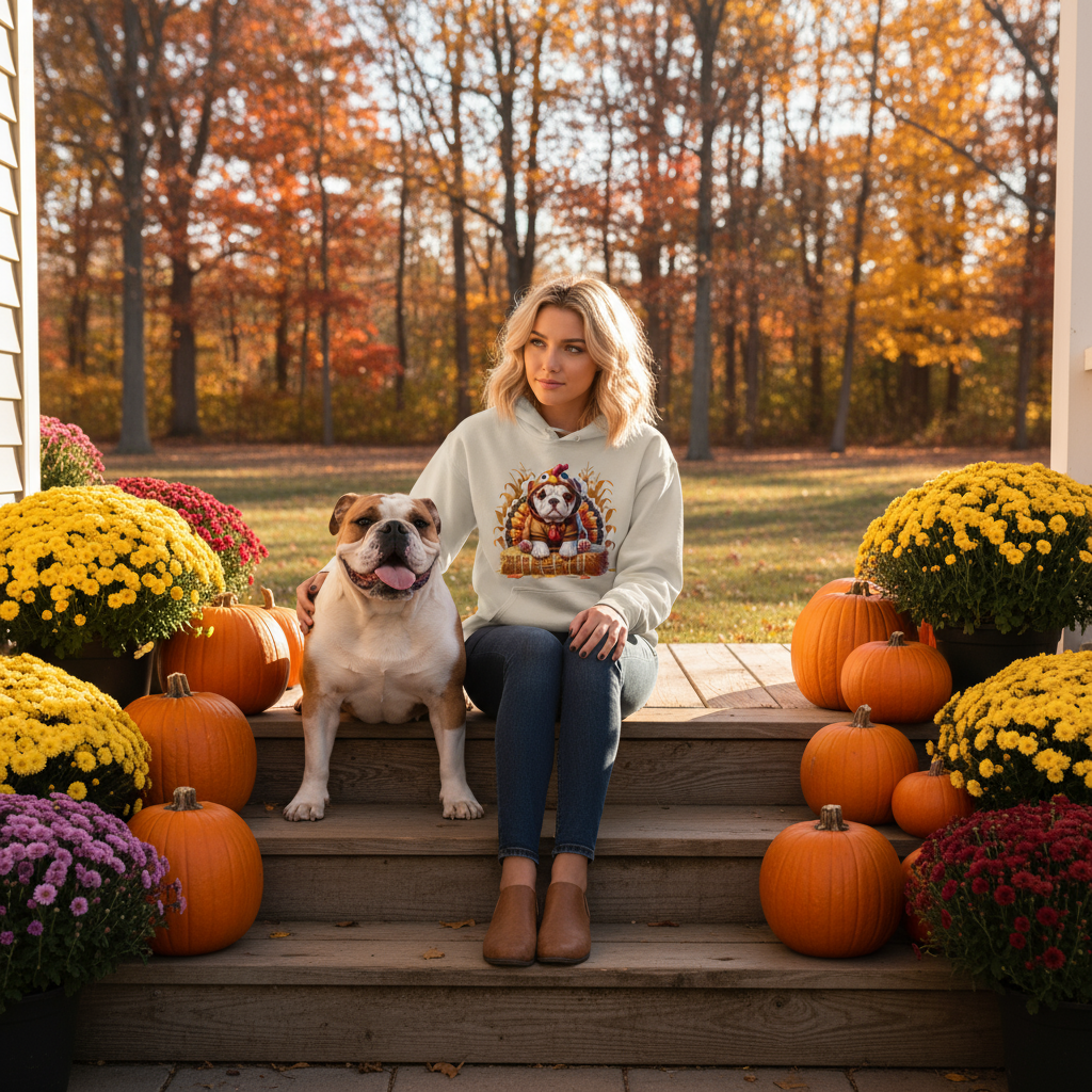 Bulldog Thanksgiving Hoodie - Puppy Turkey Hat Sweatshirt