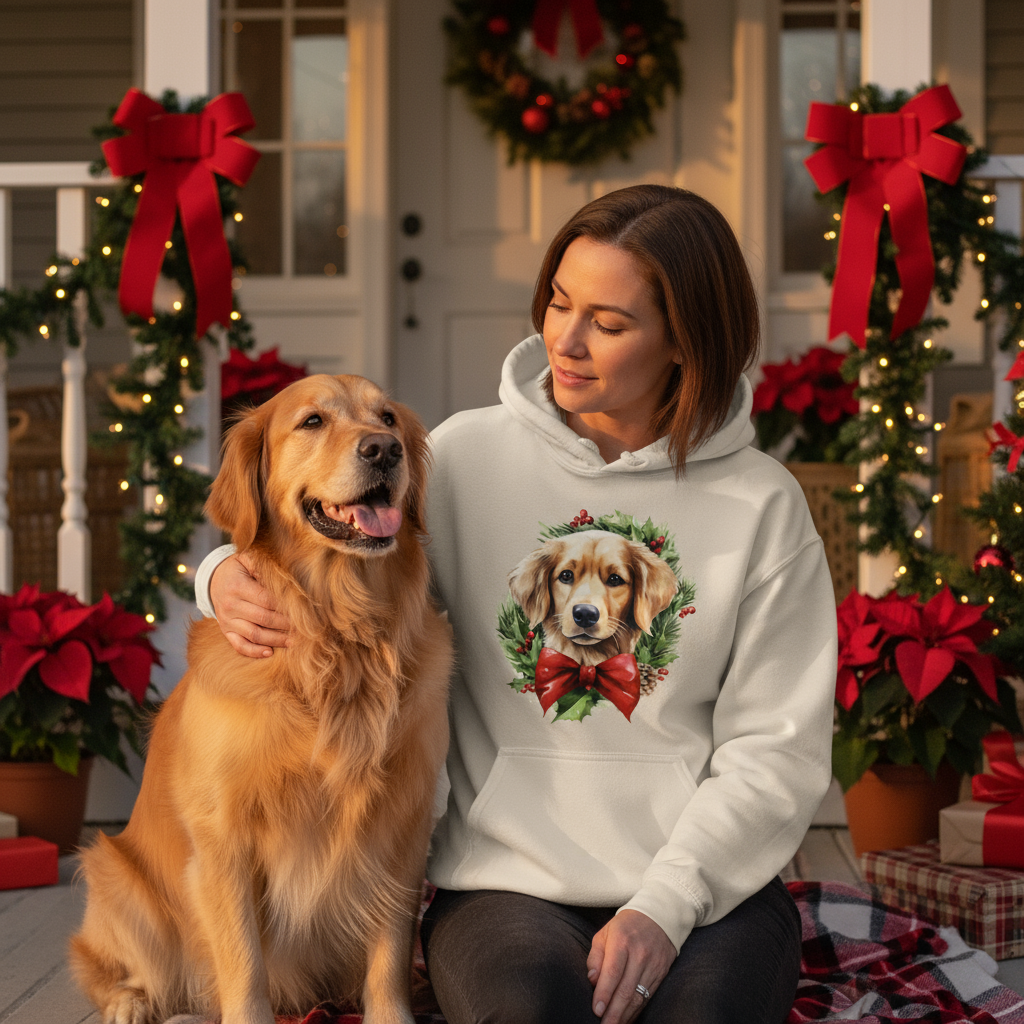 Golden Retriever Wreath Hoodie - Festive Holiday Gift