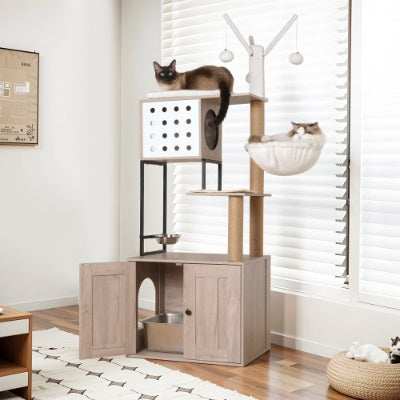 Modern Cat Condo Tree with Litter Box Enclosure