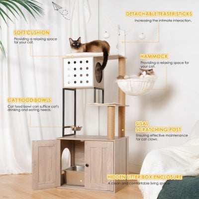 Modern Cat Condo Tree with Litter Box Enclosure