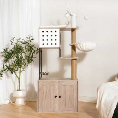 Modern Cat Condo Tree with Litter Box Enclosure