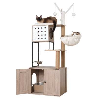 Modern Cat Condo Tree with Litter Box Enclosure