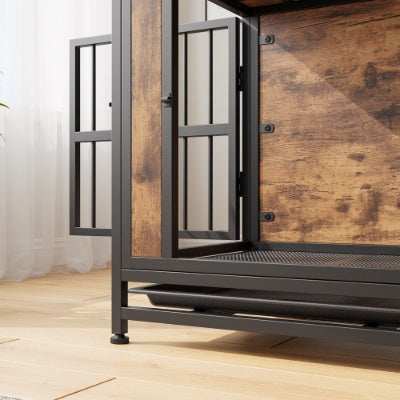Wood and Metal Dog Crate Kennel with 2 Sliding Doors
