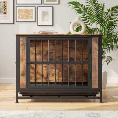 Wood and Metal Dog Crate Kennel with 2 Sliding Doors