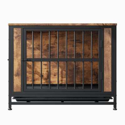 Wood and Metal Dog Crate Kennel with 2 Sliding Doors