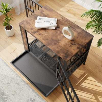 Wood and Metal Dog Crate Kennel with 2 Sliding Doors