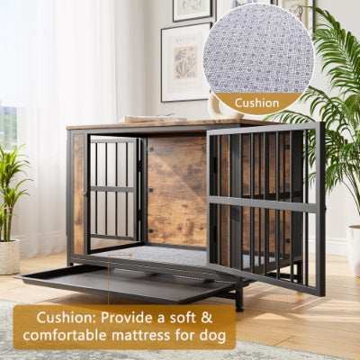 Wood and Metal Dog Crate Kennel with 2 Sliding Doors
