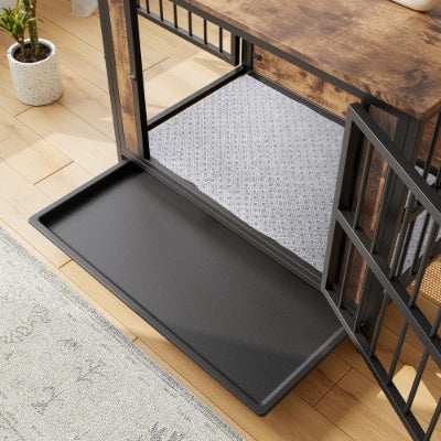 Wood and Metal Dog Crate Kennel with 2 Sliding Doors