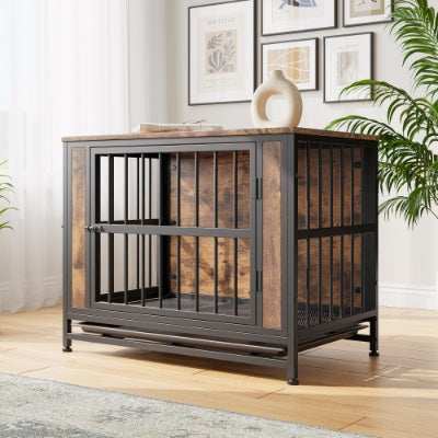 Wood and Metal Dog Crate Kennel with 2 Sliding Doors