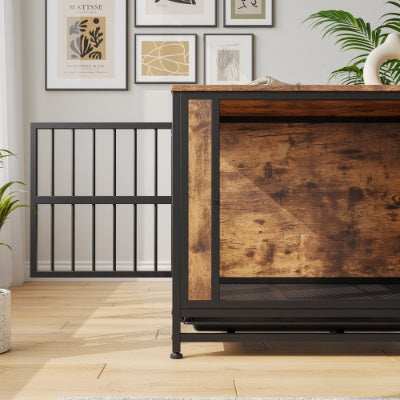 Wood and Metal Dog Crate Kennel with 2 Sliding Doors