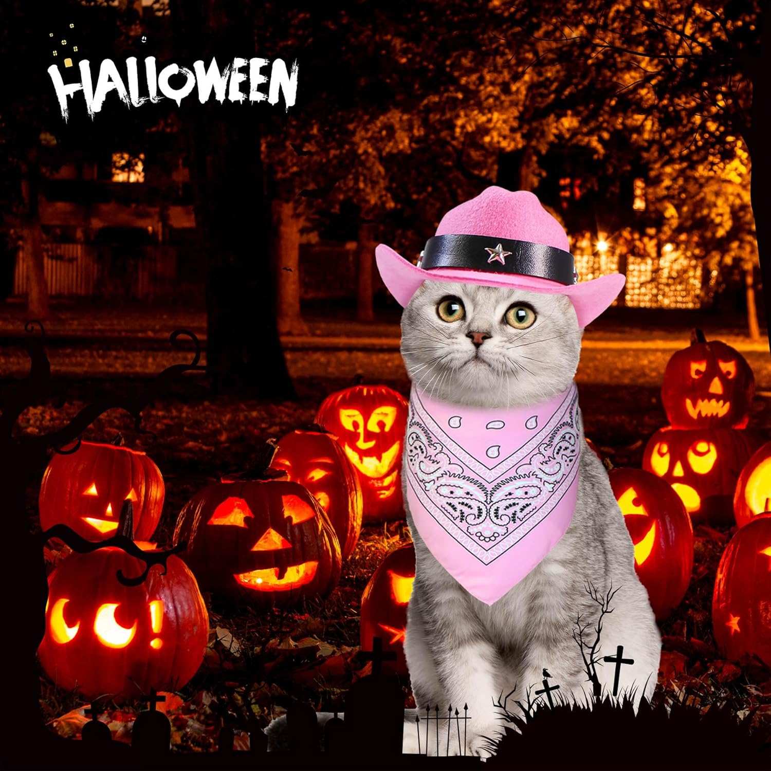 Halloween Pet Dog or Cat Pink Western Bandana and Hat Set