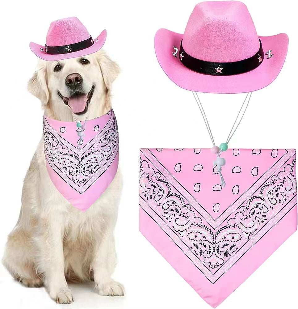Halloween Pet Dog or Cat Pink Western Bandana and Hat Set