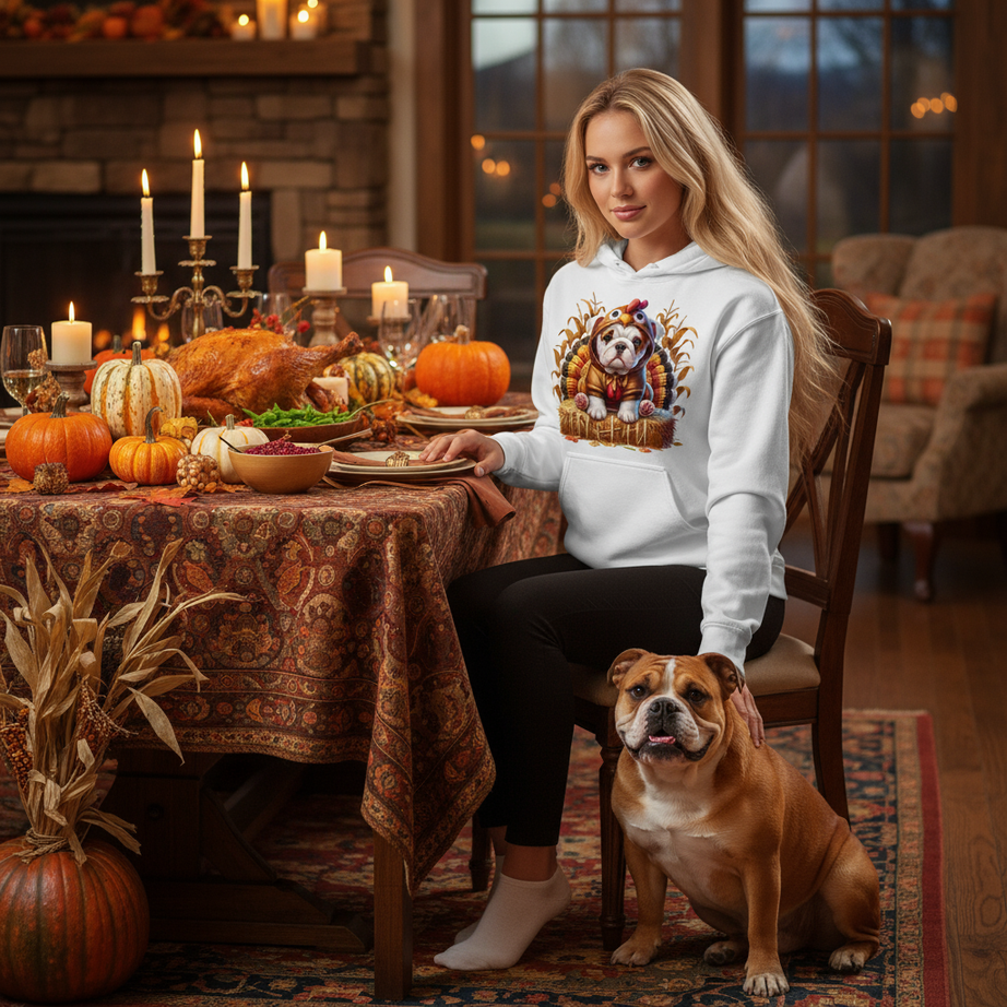 Bulldog Thanksgiving Hoodie - Puppy Turkey Hat Sweatshirt